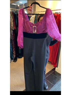 Magenta Puff-Sleeve & Black Wide-Leg Jumpsuit